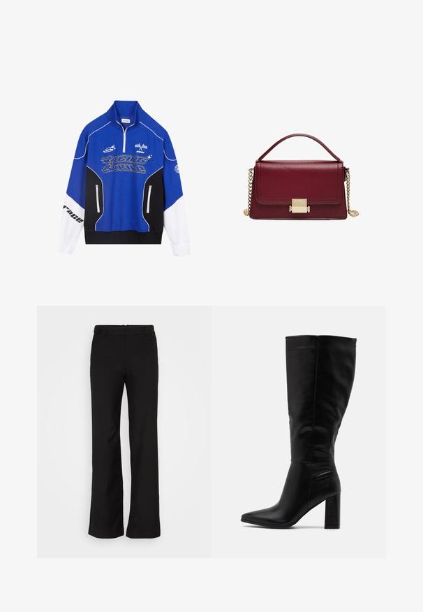 Plavi i crni zip-sup s bijelim naglascima, s "RACING" logom u podebljanom fontu, visokim ovratnikom i dvjema džepovima sa zatvaračem.; Weekday EMILY SUITING TROUSER - Hlače - black; RAID JORDANN - Čizme s visokom petom - black; Bordo kožna torba s strukturiranim dizajnom, zlatnim metalnim kopčanjem i odvojivom lančanom naramenicom. Glatka tekstura i pravokutni oblik.