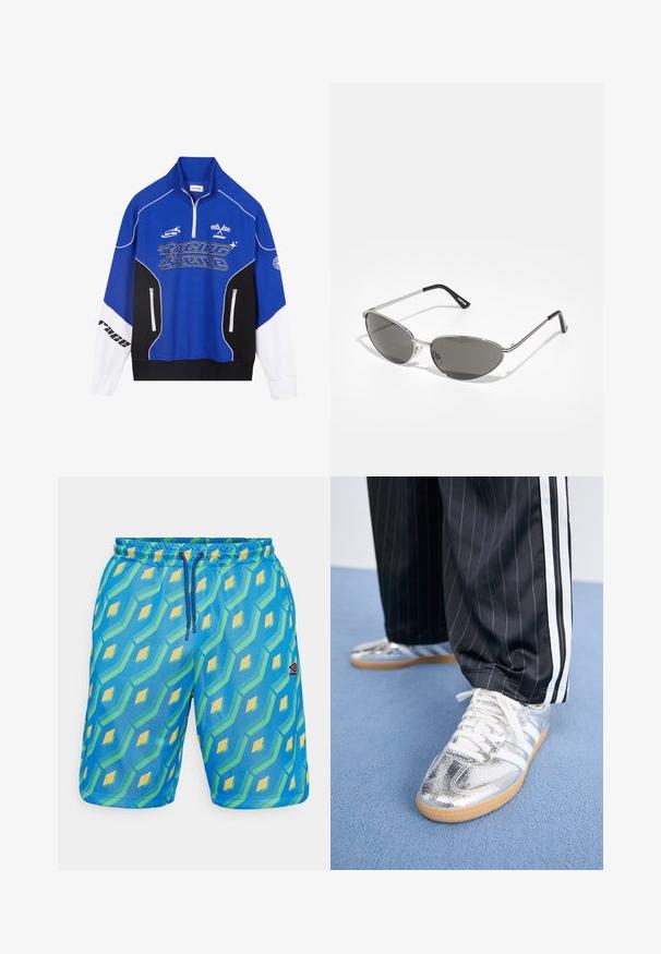 Sinine ja must lukuga dressipluus valgete aktsentidega, millel on julge fontidega "RACING" logo, kõrge krae ja kaks lukuga taskut.; Sinised ujumispüksid geomeetrilise mustriga rohelise ja kollase värviga, elastse vöökoha, tõmbluku ja väikese logo plaastriga.; Metallik hõbedased jooksuketsid valgete paeltega ja kolme valge triibuga, mille juurde on sobitatud mustad triibulised püksid. Allosas kummist tallaga aktsent.; Prillispid prillid, millel on peen hõbedane metallraam, hallid toonitud läätsed ja aerodünaamiline disain, millel on teravad servad ja õhukesed varred.; Mustmustritud must kott, millel on suur avaus, kõverad vormid pinnal ja silt, millel on kollane ja valge tekst esitlusel.