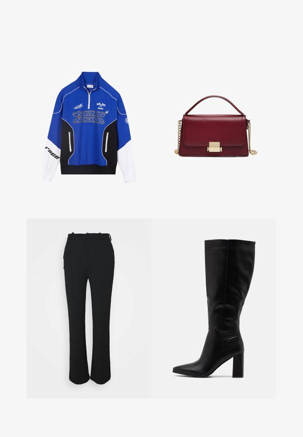 Modrá a černá zipová mikina s bílými akcenty, s logem "RACING" v tučném písmu, vysokým límcem a dvěma zipovými kapsami.; Černé, střihové kalhoty s hladkým povrchem, rovný střih nohou a páskem. Obsahují nenápadné švy a žádné kapsy.; RAID JORDANN - Kozačky na vysokém podpatku - black; Bordeaux kožená kabelka se strukturovaným designem, zlatým kováním a odnímatelným řetízkem. Hladký povrch a obdélníkový tvar.