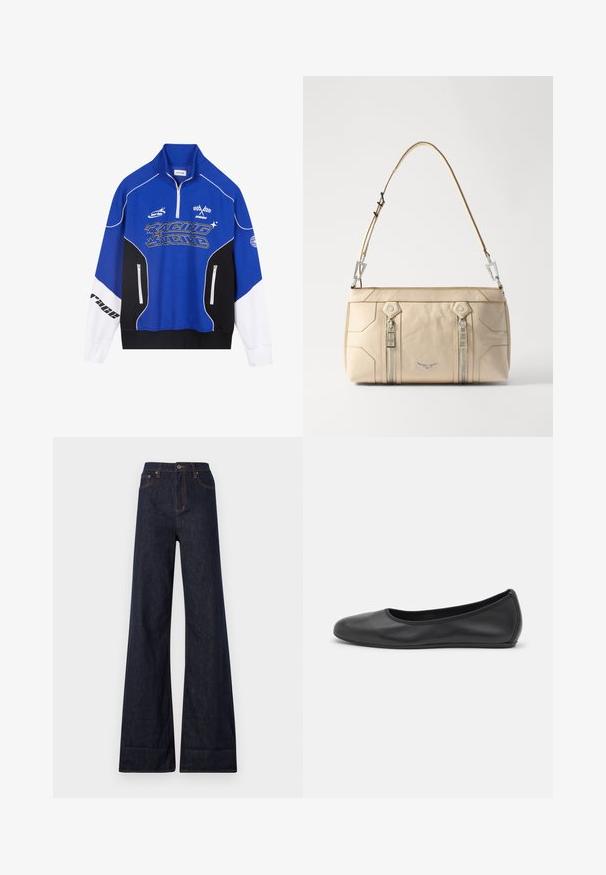 Sininen ja musta vetoketjullinen huppari, jossa valkoiset yksityiskohdat. Hupparissa on "RACING"-logo vahvassa fontissa, korkea kaulus ja kaksi vetoketjullista taskua.; Ksubi STRIDER CUFF ORIGINAL - Leveälahkeiset - blue denim; Musta nahkainen ballerina, jossa on pyöristetty kärki, sileä pinta, minimaalinen ommelkoristelu ja joustava pohjamuotoilu.; Beige nahkalaukku, jossa on hopeiset yksityiskohdat, kaksi sivuvetoketjua, rakenteellinen muotoilu ja irrotettava hihna monipuolisuutta varten.