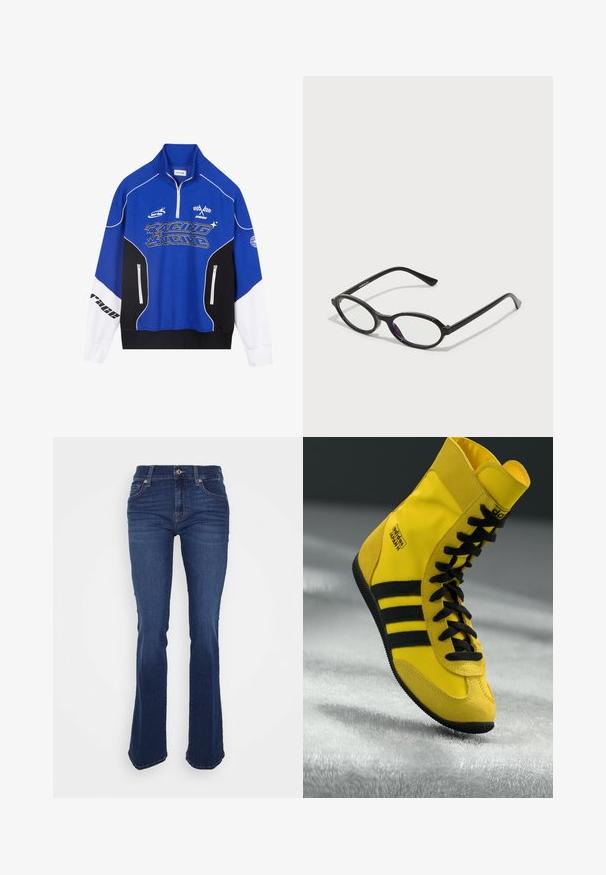 Sweat-shirt zippé bleu et noir avec des accents blancs, arborant le logo "RACING" en lettres grasses, un col montant et deux poches zippées.; Jean bleu évasé en denim, avec une taille haute, des poches avant et des coutures contrastées. Le tissu a une texture lisse.; Baskets montantes en matériau synthétique jaune, dotées de lacets noirs, de trois rayures noires et d'un logo sur le côté. Semelle en caoutchouc texturé.; Lunettes à monture ovale noire avec des accents translucides violets sur les verres. La monture a une finition mate et des branches fines et droites.