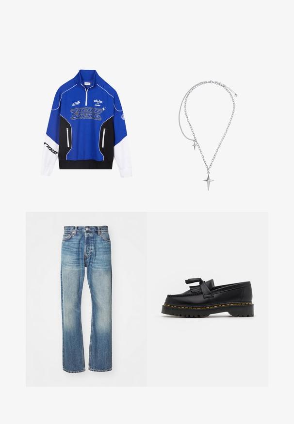 Plavi i crni zip-sup s bijelim naglascima, s "RACING" logom u podebljanom fontu, visokim ovratnikom i dvjema džepovima sa zatvaračem.; Svijetloplave traperice s klasičnim dizajnom ravnog kroja, izblijedjeli završetak i vidljivo šivanje. Ima prednje džepove i petlje za remen.; Crna kožna loaferica s resicama, koja ima čvrst crni potplat i žute šavove duž ruba. Teksturirana završna obrada.; Heideman LUCA - Ogrlica - silberfarben poliert