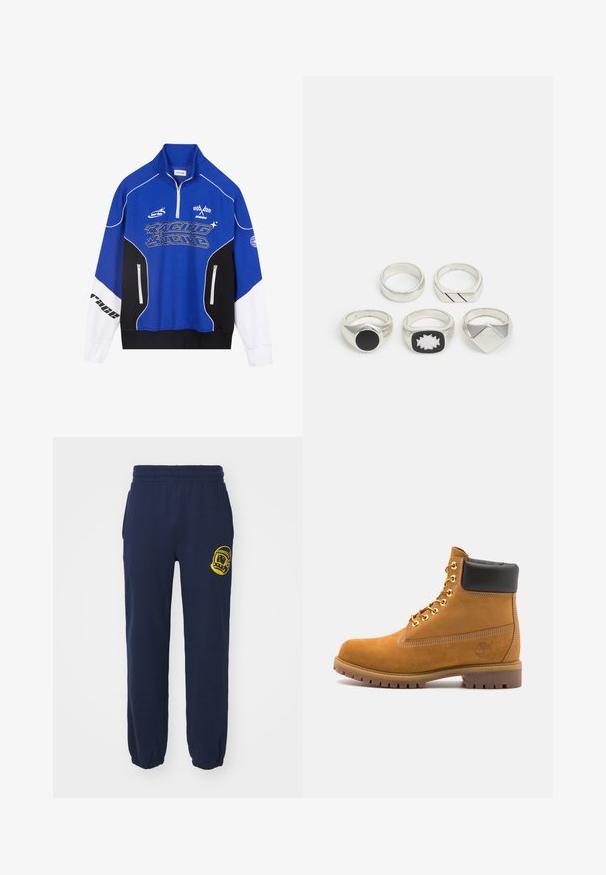 Blå og svart zip-up hettegenser med hvite detaljer, med "RACING" logo i fet skrift, høy krage og to glidelåslommer.; Marineblå joggebukser laget av bomull, med elastisk midje og mansjetter; venstre lår prydet med et gult grafisk design.; Beige semskede ankelstøvel med svart polstret krage, gullmetalløyer, hvite sømdetaljer og robust gummisåle med påfallende mønster.; Fem sølvringer: en med et svart sirkulært detalj, en med et hvitt og svart geometrisk mønster, og de andre med forskjellige former og overflater.