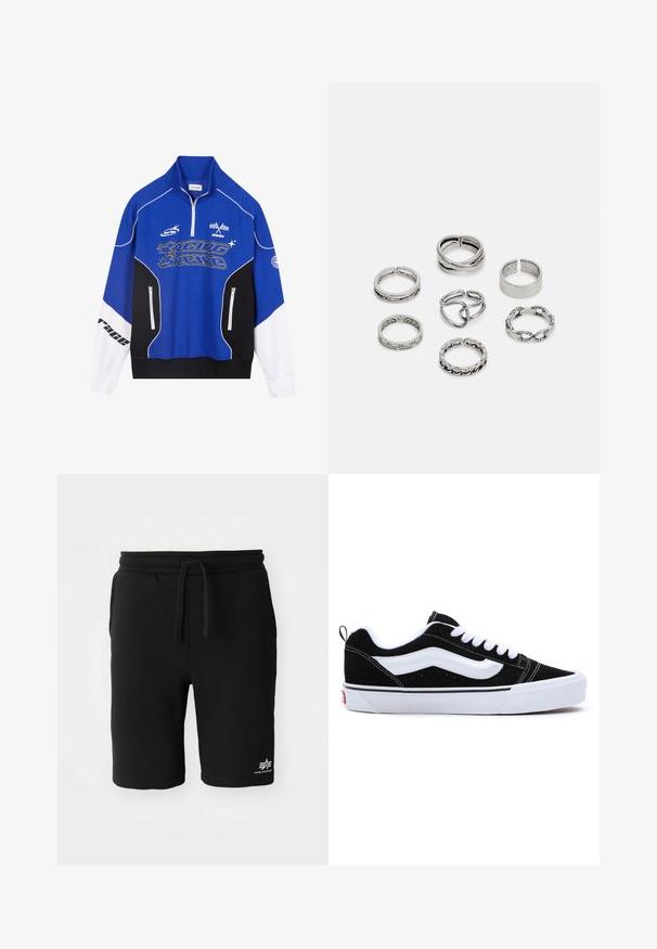 Modra in črna zadrga mikica z belimi detajli, ki vsebuje logo "RACING" v krepkem tisku, visok ovratnik in dve žepki z zadrgo.; Črne bombažne kratke hlače z elastičnim pasom, vrvico, stranskimi žepi in belim logotipom na spodnjem robu. Gladka tekstura.; Črne semiš superge z belimi akcenti, z nizkim dizajnom, vezalkami in debelim belim gumijastim podplatom. Logotip blagovne znamke na peti.; Set sedmih srebrnih prstanov z različnimi oblikami, vključno s prepletenimi, povezanimi in graviranimi motivi. Različne oblike in širine.