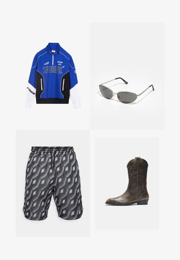 Sudadera azul y negra con cremallera, con acentos en blanco, que presenta el logo "RACING" en fuente negrita, cuello alto y dos bolsillos con cremallera.; Pantalones cortos negros con un patrón geométrico gris, cinturilla elástica con cordón y bolsillos laterales visibles. Fabricados con tela ligera.; Bota de cowboy de cuero marrón con un caña alta, puntera puntiaguda, patrones de costura intrincados y un tacón pequeño. Acabado texturizado en toda la bota.; Gafas de sol con un elegante marco de metal plateado, lentes tintados de color gris y un diseño aerodinámico que presenta bordes puntiagudos y patas delgadas.; Bolsa tote acolchada negra con una gran abertura, formas curvas en la superficie y una etiqueta con texto amarillo y blanco en la parte frontal.