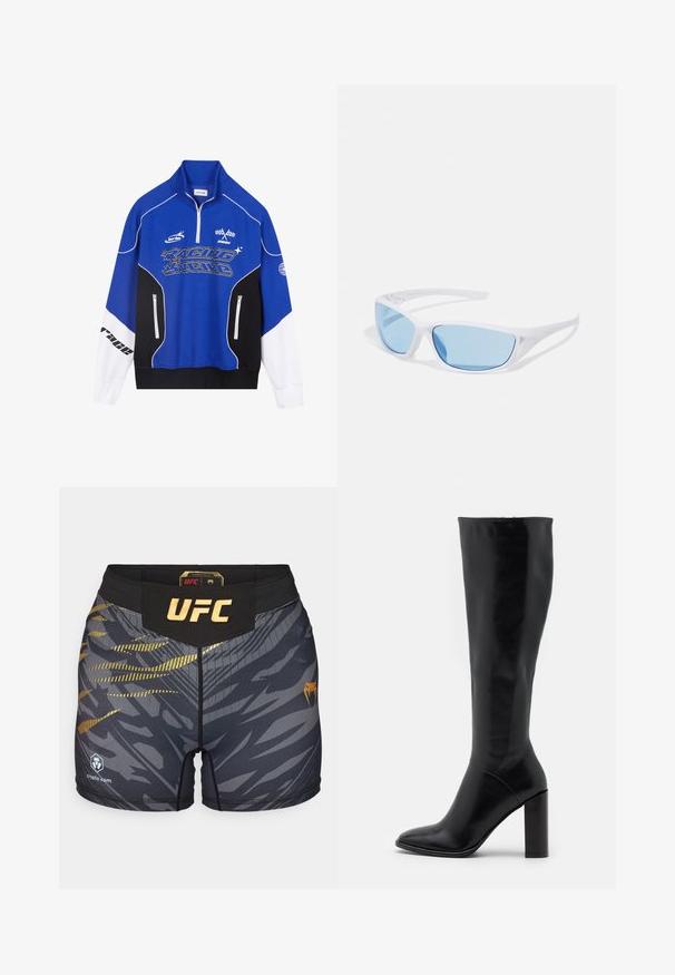 Modra in črna zadrga mikica z belimi detajli, ki vsebuje logo "RACING" v krepkem tisku, visok ovratnik in dve žepki z zadrgo.; Črne in siva MMA kratka hlače s pozlačenim logotipom "UFC", dinamičnimi črtastimi vzorci, gladkim materialom in elastičnim pasom.; Črne usnjene škornje do kolen s koničastim prstom in robustnim peto. Gladka tekstura z minimalnimi akcenti in prilegajočim se oblikovanjem zgornjega dela.; Bele sončne očala z modrimi, zrcalnimi lečami. Okvir je gladek in športnega oblikovanja, s stilskim wraparound slogom in modnimi poudarki na obeh templjih.