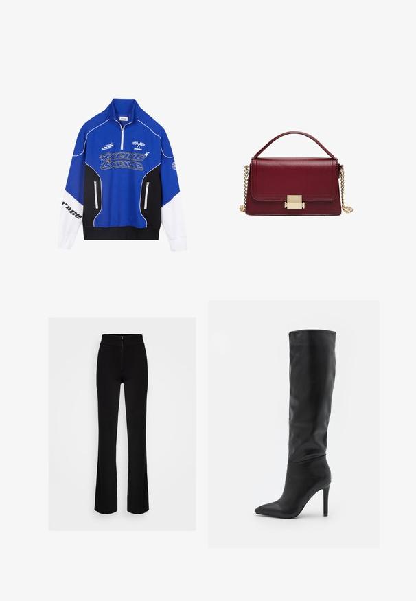 Modra in črna zadrga mikica z belimi detajli, ki vsebuje logo "RACING" v krepkem tisku, visok ovratnik in dve žepki z zadrgo.; Črne široke hlače z visokim pasom in sprednjim zadrgo. Narejene so iz gladkega, raztegljivega materiala za udobje in enostavno gibanje.; RAID TALISHA - Škornji - black; Bordo usnjena torbica s strukturirano zasnovo, z zlatim okovjem in odstranljivo verižico. Gladka tekstura in pravokotna oblika.