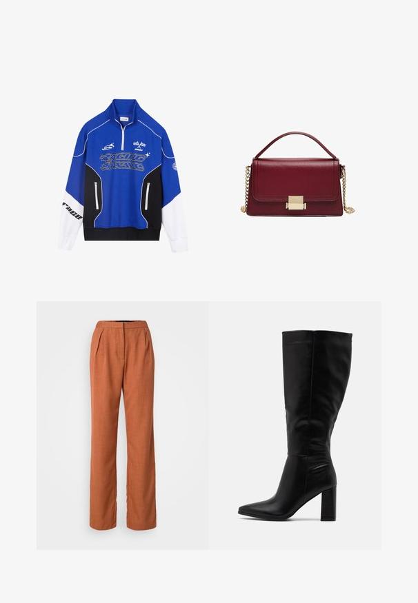Modra in črna zadrga mikica z belimi detajli, ki vsebuje logo "RACING" v krepkem tisku, visok ovratnik in dve žepki z zadrgo.; Hlače rjave barve iz teksturirane tkanine, z visokim pasom, gubami in širokimi nogami. Ravna sprednja stran in ravno krojenje.; RAID JORDANN - Škornji z visoko peto - black; Bordo usnjena torbica s strukturirano zasnovo, z zlatim okovjem in odstranljivo verižico. Gladka tekstura in pravokotna oblika.