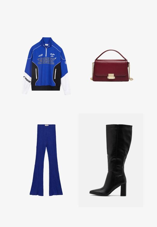 Plavi i crni zip-sup s bijelim naglascima, s "RACING" logom u podebljanom fontu, visokim ovratnikom i dvjema džepovima sa zatvaračem.; Thinking Mu NAIA - Hlače - indigo blue; RAID JORDANN - Čizme s visokom petom - black; Bordo kožna torba s strukturiranim dizajnom, zlatnim metalnim kopčanjem i odvojivom lančanom naramenicom. Glatka tekstura i pravokutni oblik.