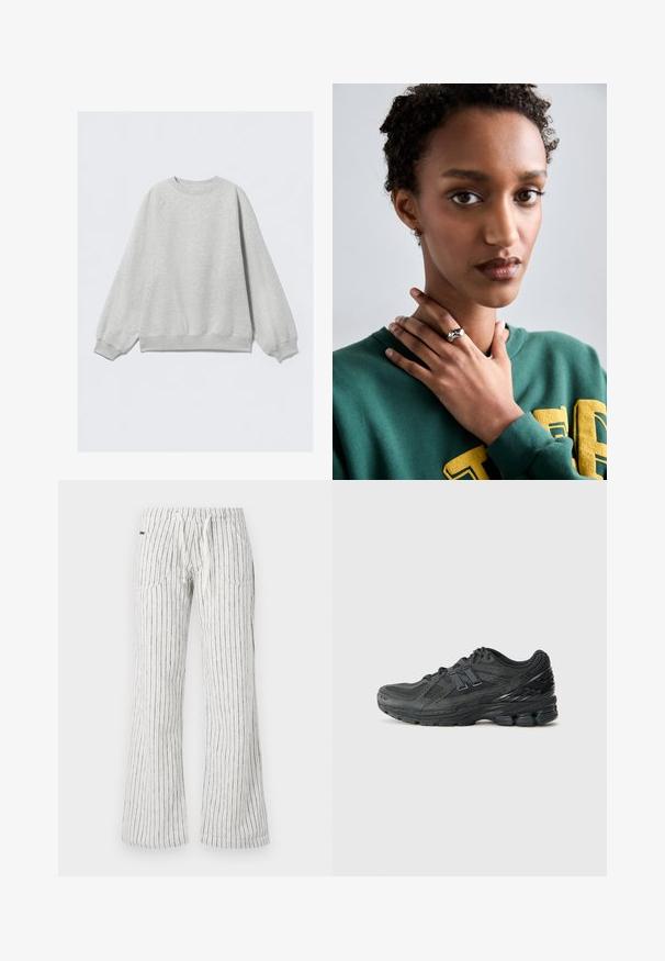 Sweatshirt cinza claro com decote redondo, mangas raglan e punhos e bainha canelados. Textura suave sem padrões ou detalhes visíveis.; Top de algodão branco com um padrão canelado, design sem mangas e decote redondo. Apresenta uma etiqueta no pescoço com a inscrição "WEEKDAY."; Calças listradas em branco e cinza, com cintura elástica ajustável, pernas largas, dois bolsos frontais e um acabamento de tecido suave e texturizado.; Ténis de corrida pretos com parte superior em rede, colarinho acolchoado, pormenores sintéticos e sola texturizada com elementos de amortecimento visíveis.; Anel de prata com um design liso e curvo, destacando um acento em estrela. Modelo vestindo um moletom verde com letras amarelas, mãos perto do pescoço.