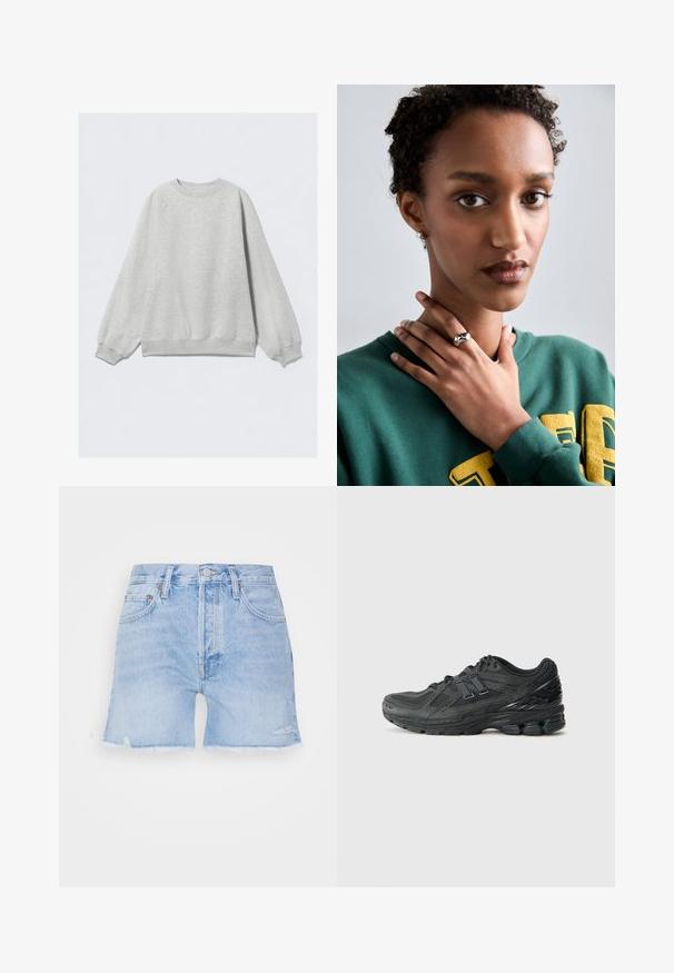 Sweatshirt cinza claro com decote redondo, mangas raglan e punhos e bainha canelados. Textura suave sem padrões ou detalhes visíveis.; Top de algodão branco com um padrão canelado, design sem mangas e decote redondo. Apresenta uma etiqueta no pescoço com a inscrição "WEEKDAY."; Calções de ganga em azul claro com uma bainha desfiada. Apresenta um design clássico de cinco bolsos, fecho por botão e um ligeiro desgaste no tecido.; Ténis de corrida pretos com parte superior em rede, colarinho acolchoado, pormenores sintéticos e sola texturizada com elementos de amortecimento visíveis.; Anel de prata com um design liso e curvo, destacando um acento em estrela. Modelo vestindo um moletom verde com letras amarelas, mãos perto do pescoço.