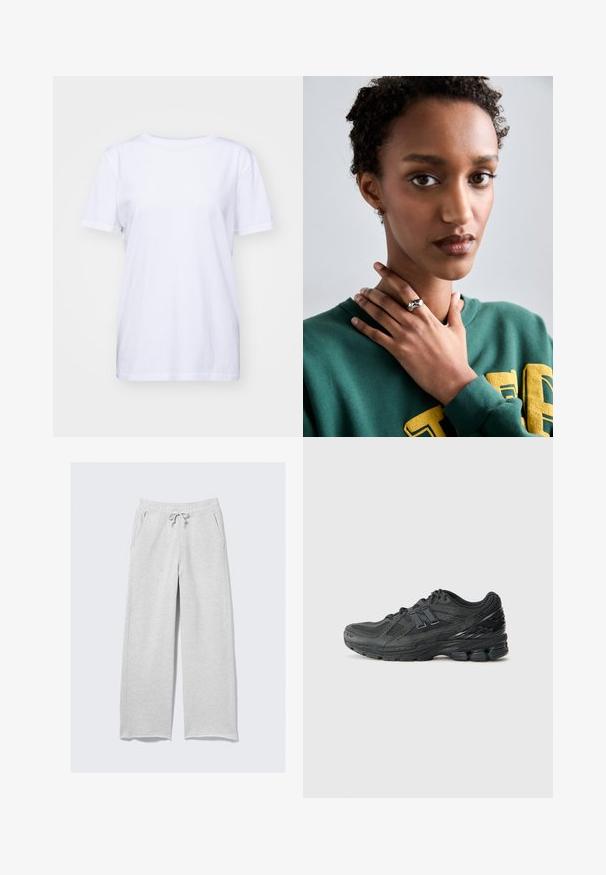 Lys grå sweatshirt med rund halsudskæring, raglanærmer og ribbede manchetter og kant. Glat tekstur uden synlige mønstre eller detaljer.; Hvid bomulds t-shirt med rund hals, korte ærmer og en afslappet pasform. Glat tekstur og ingen synlige mønstre eller dekorationer.; Lys grå sweatpants lavet af blødt stof, med elastisk talje og snoretræk samt sidelommer. Løst, lige ben design.; Sorte løbesko med et netoverdel, polstret krave, syntetiske detaljer og en struktureret sål med synlige dæmpningselementer.; Sølv ring med et glat, buet design og en stjerneaccent. Model iført en grøn sweatshirt med gule bogstaver, hænderne nær halsen.