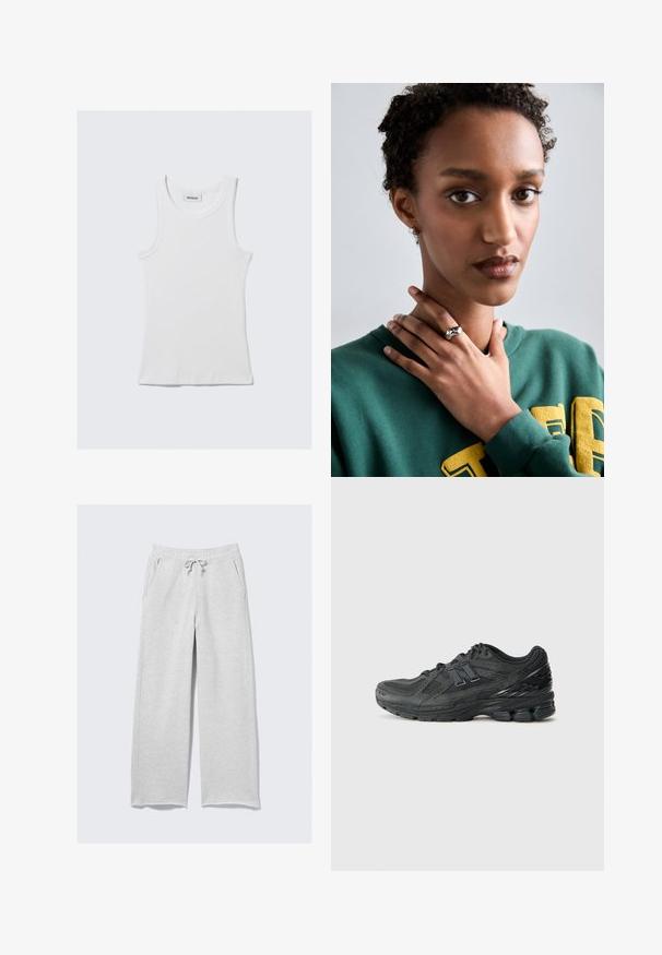 Sweatshirt cinza claro com decote redondo, mangas raglan e punhos e bainha canelados. Textura suave sem padrões ou detalhes visíveis.; Top de algodão branco com um padrão canelado, design sem mangas e decote redondo. Apresenta uma etiqueta no pescoço com a inscrição "WEEKDAY."; Calças de moletão cinza claro feitas de um tecido macio, com um cós elástico e cordão de ajustamento, além de bolsos laterais. Design largo e de perna reta.; Ténis de corrida pretos com parte superior em rede, colarinho acolchoado, pormenores sintéticos e sola texturizada com elementos de amortecimento visíveis.; Anel de prata com um design liso e curvo, destacando um acento em estrela. Modelo vestindo um moletom verde com letras amarelas, mãos perto do pescoço.