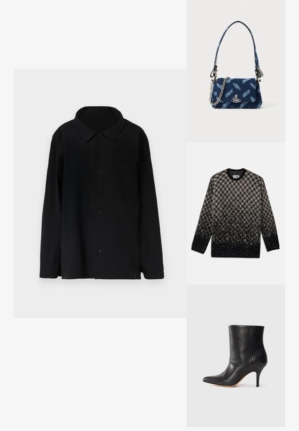 Pulover tricotat cu un model în diamant în nuanțe de bej și negru, cu o degradare graduală a culorilor. Guler rotund și mâneci lungi. Textură moale.; Cămașă neagră cu mânecă lungă, cu nasturi, guler și buzunar pe piept, expusă plat pe un fundal alb.; Botină neagră din piele cu vârf ascuțit, toc subțire de tip stiletto și textură netedă. Design minimalist fără hardware sau accente vizibile.; Geantă din material bleu marin cu un design texturat, elemente din metal argintiu și o curea din lanț detașabilă. Dispune de o închidere cu clapetă și un accent cu logo.