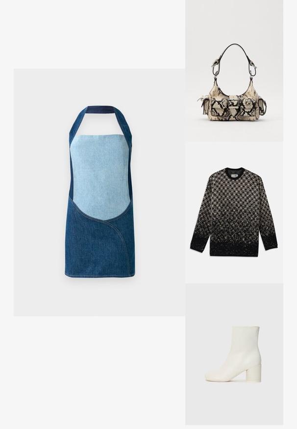 Knit sweater featuring a diamond pattern in beige and black, with a gradual color fade. Crew neckline and long sleeves. Soft texture.; Denim apron featuring a mix of light and dark blue fabrics, with curved panel designs and a halter neck silhouette.; White leather ankle boot with rounded toe and chunky cylindrical heel. Smooth texture, minimal design, no visible hardware or patterns.; Python-print handbag in beige and black, featuring a structured shape, buckle detail, and dual shoulder straps. Textured surface.