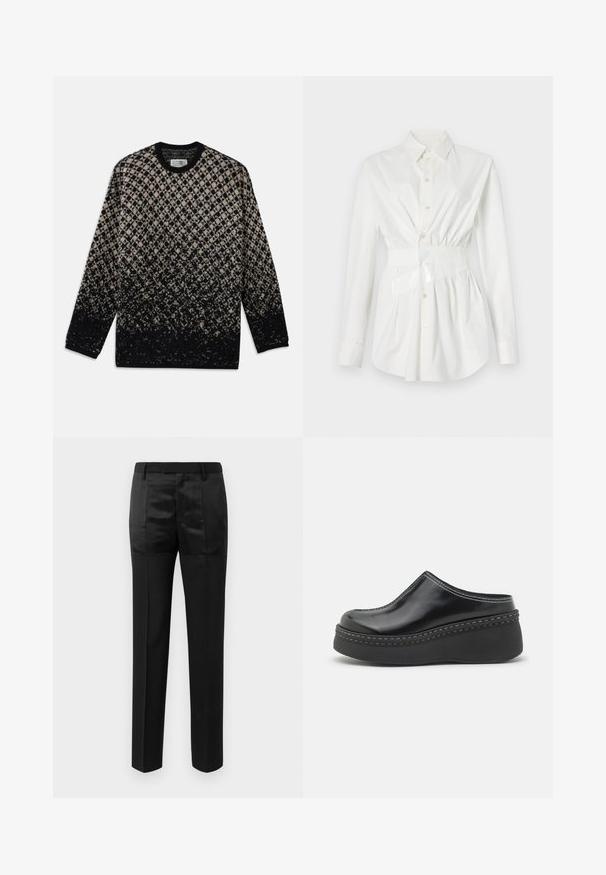 Knit sweater featuring a diamond pattern in beige and black, with a gradual color fade. Crew neckline and long sleeves. Soft texture.; White button-up shirt with long sleeves, a fitted waist detail, and a glossy belt accent. Made from smooth, lightweight fabric.; Black tailored trousers with straight legs and a waistband with belt loops, featuring a mix of matte and shiny fabric panels.; Black glossy platform clogs with a rounded toe, curved upper, and contrasting white stitching along the edge of the sole.