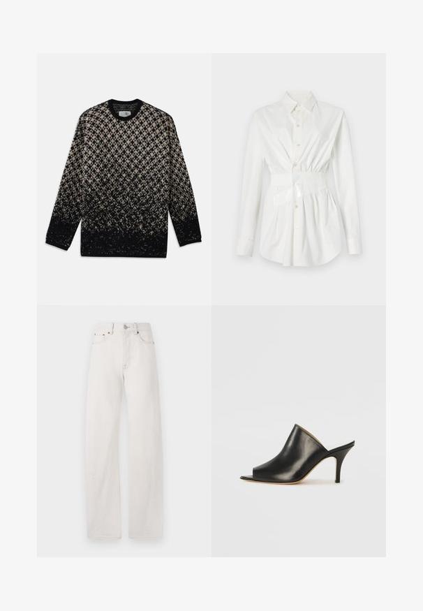 Adītā džemperis ar dimanta rakstu bēšā un melnā krāsā, ar pakāpenisku krāsu pāreju. Apaļā izgriezuma un garām piedurknēm. Mīksta tekstūra.; Balts krekls ar garām piedurknēm, ar pieguļošu vidukli un spīdīgu jostu. Izgatavots no gludas, vieglas auduma.; Platas kājas džinsi off-white denīmā ar augstu jostasvietu, priekšējo pogu aizdari un smalku šuvju apdari. Gluda tekstūra.; Melna ādas atvērta pirksta mule ar elegantu, izliekta dizaina, augstu stiletto papēdi un gludu tekstūru. Iekšpusei ir kontrastējoša gaiša krāsa.