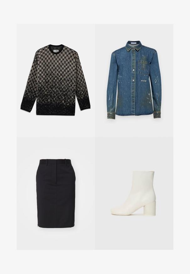 Pletený svetr s diamantovým vzorem v béžové a černé barvě, se stupňovitou změnou barev. Kulatý výstřih a dlouhé rukávy. Měkká struktura.; Pánská denimová košile, modrá s opotřebovanými skvrnami a bílým rozstřikem barvy, design na knoflíky, dlouhé rukávy, náprsní kapsa a špičatý límec.; Černá tužková sukně s přiléhavým střihem, vyrobená z hladkého materiálu. Obsahuje pas a rozparek vzadu pro snadnější pohyb.; Bílé kožené kotníkové boty s kulatou špičkou a masivním cylindrickým podpatkem. Hladká textura, minimalistický design, žádné viditelné kování nebo vzory.