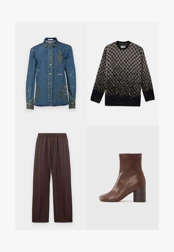 Knit sweater featuring a diamond pattern in beige and black, with a gradual color fade. Crew neckline and long sleeves. Soft texture.; Men's denim shirt, blue with distressed spots and white paint splatter, button-up design, long sleeves, chest pocket, and a pointed collar.; Brown wide-leg trousers with elastic waistband and subtle front pleats, displayed flat against a white background.; Brown leather ankle boots with a smooth texture, square toe, and sturdy wooden heel, featuring a simple zipper along the side.