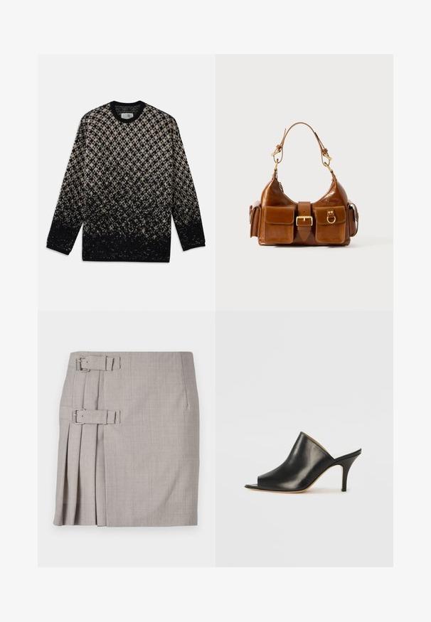 Kötött pulóver bézs és fekete gyémántmintával, fokozatos színátmenettel. Kerek nyakkivágás és hosszú ujjú. Puha tapintású.; Szürke szoknya texturált anyagból, oldalsó pliszével és két csattal az állítható illeszkedés érdekében. Klasszikus egyenes fazon, térd fölé érő kialakítás.; Fekete bőr, nyitott orrú mules cipő, elegáns, ívelt kialakítással, magas stiletto sarokkal és sima textúrával. A belső tér világos színű, kontrasztos.; Barna bőrtáska ívelt formával, dupla aranyszínű fémhardverrel, két elülső zsebbel és széles pánttal. Simán textúra elegáns kivitelben.