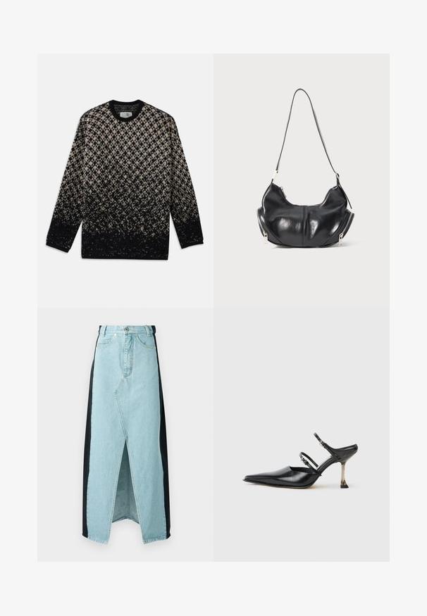 Kötött pulóver bézs és fekete gyémántmintával, fokozatos színátmenettel. Kerek nyakkivágás és hosszú ujjú. Puha tapintású.; Világoskék és fekete anyagokból készült farmer szoknya, elöl hasítékkal, magas derékkal és strukturált kivitelben, standard gombzárral.; Fekete bőr, hegyes orrú, pántos szandál, két állítható pánttal és fémből készült sarokkal. Simas texture és minimalista dizájn jellemzi.; Fekete bőr, félhold alakú válltáska ezüst cipzárakkal mindkét oldalon és egyetlen pánttal.
