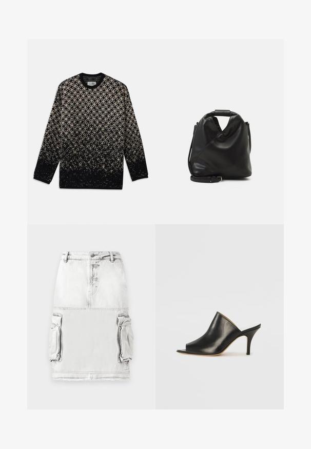 Striktrøje med et diamantmønster i beige og sort, med en gradvis farveovergang. Rund hals og lange ærmer. Blød tekstur.; Denim nederdel i lys grå med høj talje, frontknapper og to sidelommer. Lidt slidt stoftekstur.; Sort læder åben tå mule med et slankt, buet design, høj stiletto hæl og glat tekstur. Indersiden har en kontrasterende lys farve.; Sort, blødt lædertaske med et unikt snoet design. Har et kort håndtag og en aftagelig skulderrem. Minimalistisk stil.