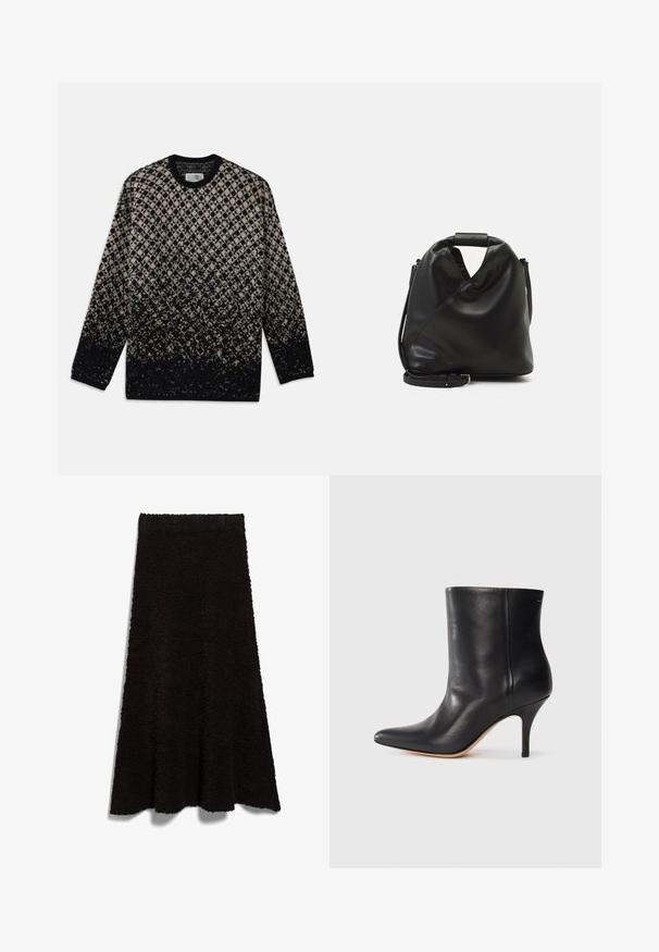 Strickpullover mit diamantartigem Muster in Beige und Schwarz, mit einem allmählichen Farbverlauf. Rundhalsausschnitt und lange Ärmel. Weiche Textur.; Schwarzer, flauschiger Stoffrock mit A-Linien-Form und rohem Saum. Die Textur wirkt weich und gemütlich, ideal für legere Kleidung oder zum Schichten.; Schwarze Leder-Ankle Boots mit spitzem Zeh, schlankem Stiletto-Absatz und glatter Textur. Minimalistisches Design ohne sichtbare Beschläge oder Akzente.; Schwarze, weiche Ledertasche mit einem einzigartigen verdrehten Design. Hat einen kurzen Griff und einen abnehmbaren Schultergurt. Minimalistischer Stil.