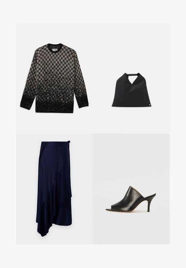 Megztinis su deimanto raštu smėlinės ir juodos spalvos, su laipsnišku spalvų perėjimu. Apvalia iškirpte ir ilgomis rankovėmis. Minkšta tekstūra.; Rabanne Pieštukinis sijonas - deep navy; Juodas odinis atviras mules batelis su elegantišku, kreiviu dizainu, aukštu stiletto kulnu ir lygiu paviršiumi. Vidus turi kontrastingą šviesią spalvą.; Juodas odinis krepšys, pasižymintis asimetrine dizaino struktūra ir tekstūruota paviršiumi. Jame yra paprasta rankena ir subtilus logotipo akcentas.