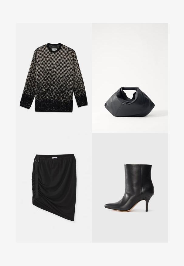 Megztinis su deimanto raštu smėlinės ir juodos spalvos, su laipsnišku spalvų perėjimu. Apvalia iškirpte ir ilgomis rankovėmis. Minkšta tekstūra.; Juoda susiraukšlėjusi sijonas, pagamintas iš minkštos medžiagos, su asimetriška apatine dalimi ir šonine juosta su metaliniu žiedu.; Juodos odinės kulkšninių botų su smailiu nosiu, siauru stiletto kulnu ir lygia tekstūra. Minimalistinis dizainas, be matomų aparatūros ar akcentų.; Juodas odinis krepšys su tekstūruotu paviršiumi, unikalios susiraukšlėjusios formos ir trumpu rankena. Yra vienas pagrindinis skyrius.