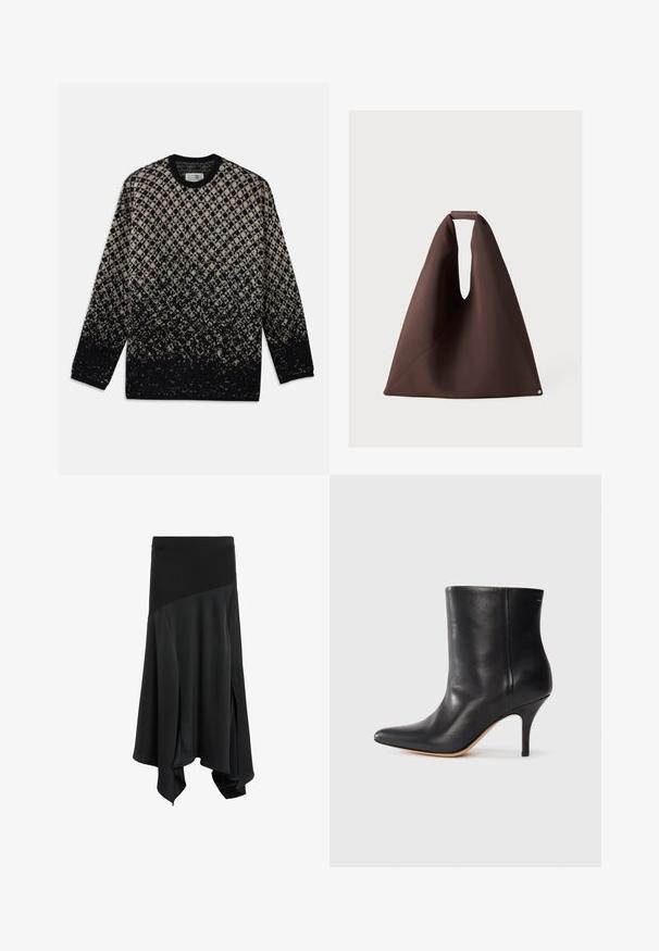 Kootud sviiter, millel on beez ja musta värvi teemantmuster ning järkjärguline värvifadeerumine. Ümar kaelus ja pikad varrukad. Pehme tekstuur.; Must mustrõiv mustriga musta värvi asymmeetriline seelik, millel on sile tekstuur, laia elastse vöökoht ja külgsirgused, mis lisavad liikumisvabadust ja voolavust.; Must musta jalatsid terava ninaga, õhukese stiletto kontsaga ja siledast nahast. Minimalistlik disain ilma nähtava riistvarata või aksessuaarideta.; Pruun kangastoot bag, millel on ainulaadne kuju, laia avaga, tekstureeritud pind ja väike ringikujuline aksessuaar põhjas.