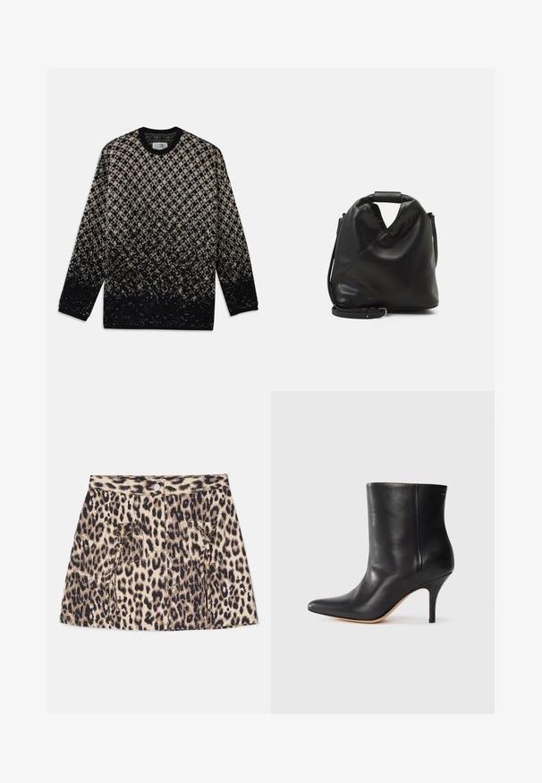 Maglione lavorato a maglia con un motivo a rombi in beige e nero, con una sfumatura di colore graduale. Collo a giro e maniche lunghe. Texture morbida.; Gonna in denim a stampa leopardata con vita alta, chiusura frontale a bottoni e due tasche laterali con dettagli a cordino.; Stivale alla caviglia in pelle nera con punta affilata, sottile tacco a stiletto e superficie liscia. Design minimalista senza hardware o accenti visibili.; Borsa nera in pelle morbida con un design unico e attorcigliato. Presenta una maniglia corta e una tracolla removibile. Stile minimalista.