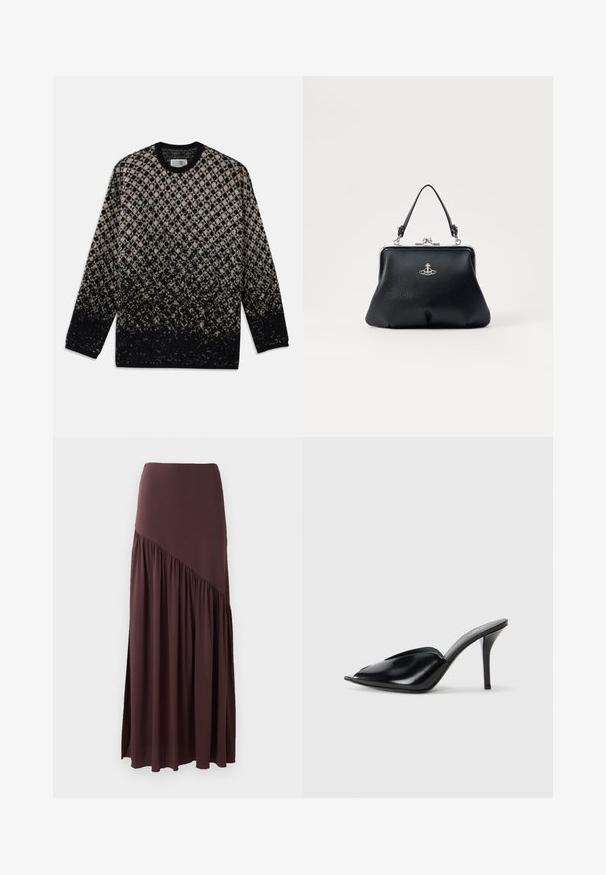 Strickpullover mit diamantartigem Muster in Beige und Schwarz, mit einem allmählichen Farbverlauf. Rundhalsausschnitt und lange Ärmel. Weiche Textur.; Brauner Maxirock aus weichem Stoff. Verfügt über einen enganliegenden Taillenbund und ein asymmetrisches Design mit gerafften Details auf einer Seite.; Schwarze Leder-High-Heels mit offener Zehenpartie, spitzem Design, glatter Textur und schmalem Stiletto-Absatz.; Schwarze Lederhandtasche mit strukturiertem Oberflächen, silbernen Beschlägen, Schnappverschluss und einem kurzen Griff zum Tragen. Kompaktes und strukturiertes Design.