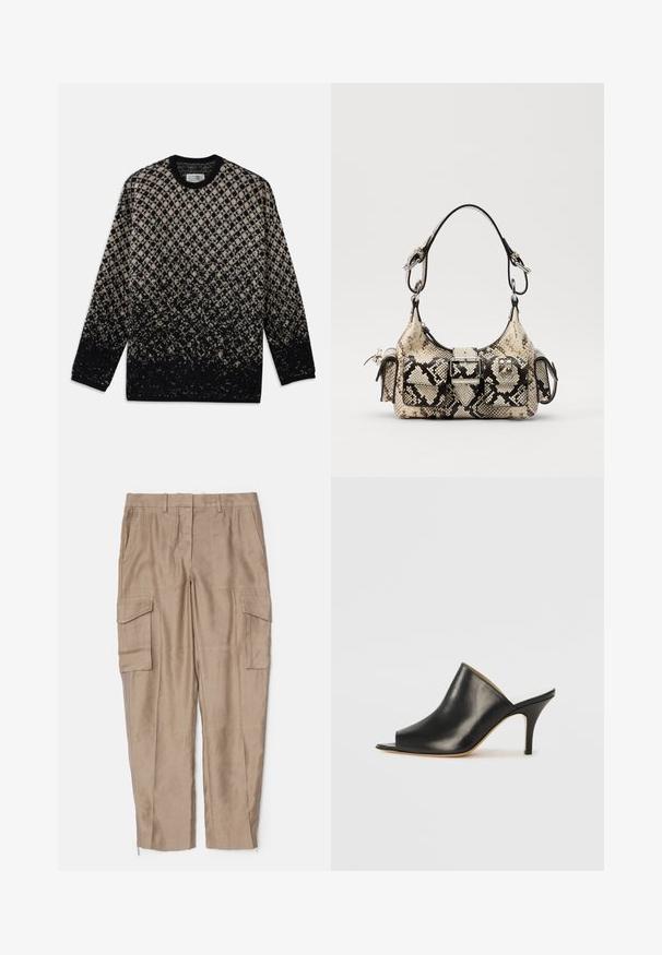 Strickpullover mit diamantartigem Muster in Beige und Schwarz, mit einem allmählichen Farbverlauf. Rundhalsausschnitt und lange Ärmel. Weiche Textur.; Weißes Baumwoll-T-Shirt mit kurzen Ärmeln, das das dezent geprägte Logo "HELMUT LANG" auf der Brust trägt. Rundhalsausschnitt, glatte Textur.; Beige Cargo-Hosen mit entspannter Passform, mehreren Seitentaschen und Reißverschlussakzenten am Knöchel. Hergestellt aus einem leichten Material.; Schwarze Leder- offene Zehen-Mules mit einem eleganten, geschwungenen Design, hohem Stiletto-Absatz und glatter Textur. Das Innere weist eine kontrastierende hellere Farbe auf.; Python-Handtasche in Beige und Schwarz, mit strukturiertem Design, Schnallen-Details und doppelten Schulterträgern. Texturierte Oberfläche.