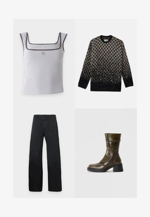 Kötött pulóver bézs és fekete gyémántmintával, fokozatos színátmenettel. Kerek nyakkivágás és hosszú ujjú. Puha tapintású.; Szürke, négyzetnyakú ujjatlan felső, sima anyagból készült, kontrasztos sötét díszítéssel, és egy kis hímzett logóval az elülső középen.; MM6 Maison Margiela PANTS - Laza szabású farmerek - black; Olíva zöld bőrbakancs lekerekített orral, elasztikus panellel és vastag fekete sarokkal. Simább textúrával és diszkrét varrási részletekkel.