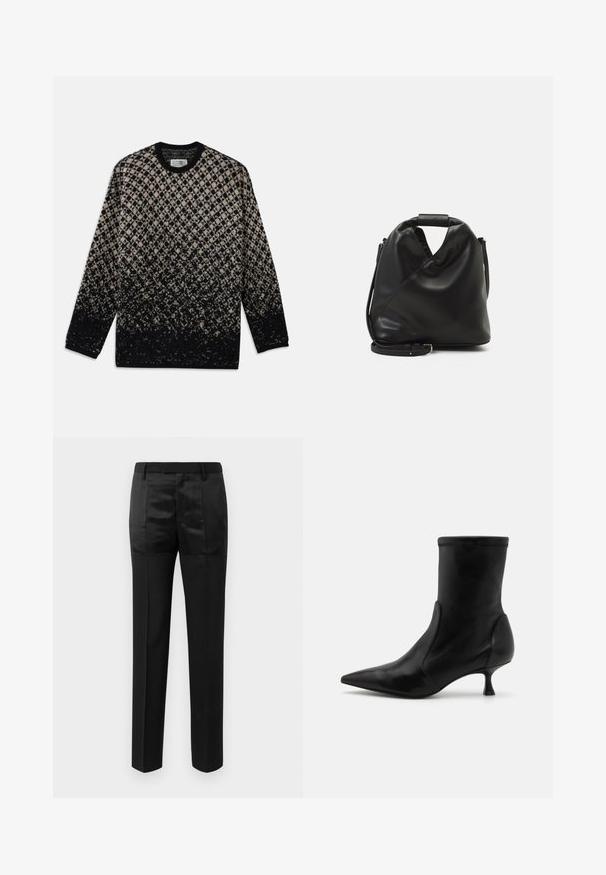 Striktrøje med et diamantmønster i beige og sort, med en gradvis farveovergang. Rund hals og lange ærmer. Blød tekstur.; Sorte skræddersyede bukser med lige ben og en livrem med bæltesløjfer, der har en blanding af matte og glinsende stofpaneler.; Sort læder ankelstøvle med en afsmalnet silhuet, elastisk overdel og en kort, tynd hæl. Glat tekstur og minimale syninger.; Sort, blødt lædertaske med et unikt snoet design. Har et kort håndtag og en aftagelig skulderrem. Minimalistisk stil.