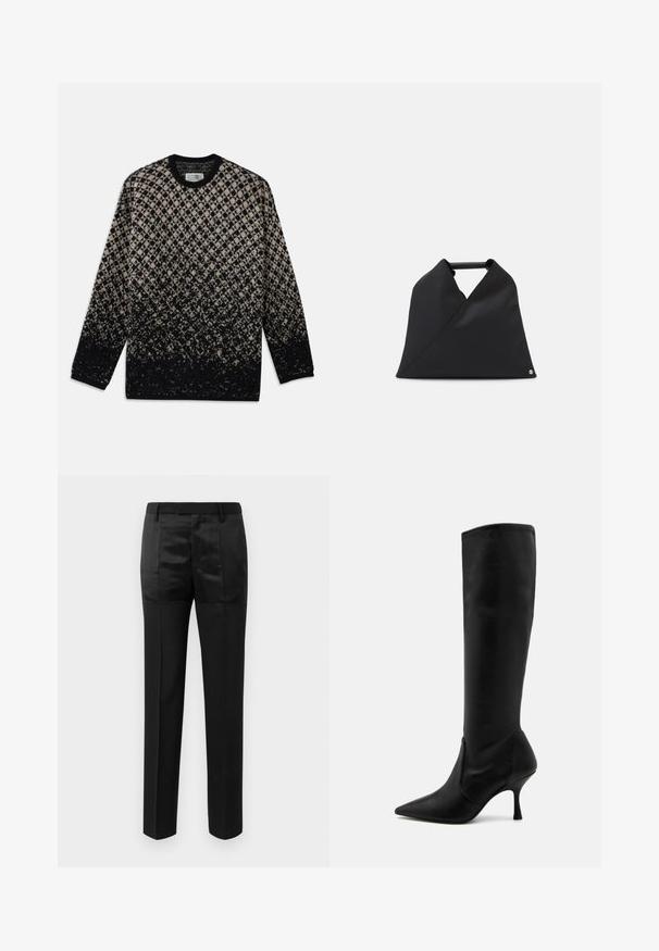 Maglione lavorato a maglia con un motivo a rombi in beige e nero, con una sfumatura di colore graduale. Collo a giro e maniche lunghe. Texture morbida.; Pantaloni neri su misura con gamba dritta e una vita con passanti per cintura, caratterizzati da un mix di pannelli di tessuto opaco e lucido.; Stuart Weitzman Stivali alti - black; Borsa nera in pelle con un design asimmetrico e una superficie texturizzata. Ha un manico semplice e un accento del logo sottile.