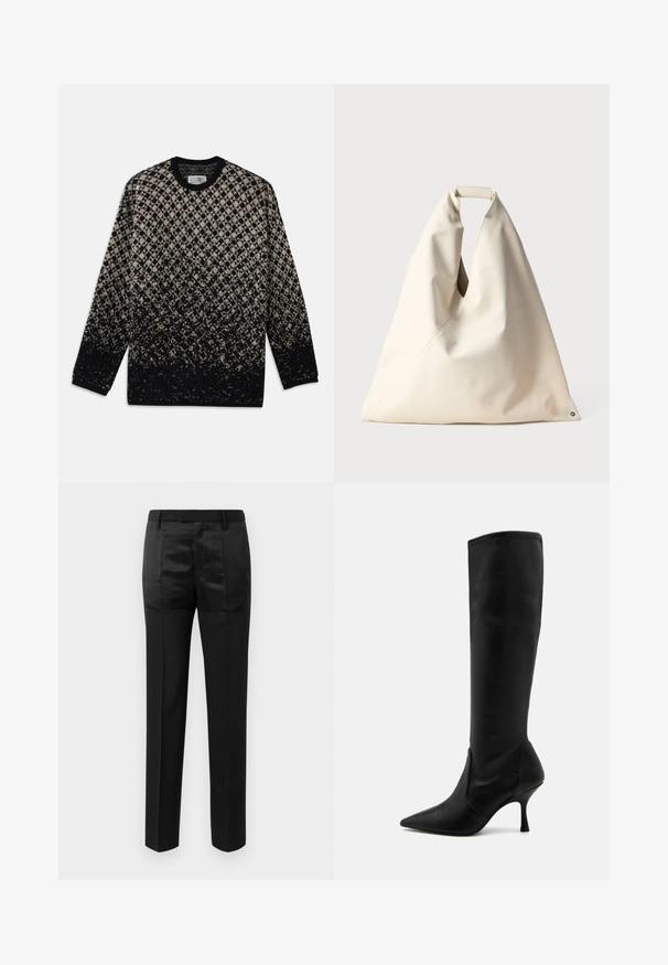 Pleteni pulover z diamantom vzorcem v bež in črni barvi, z postopnim prehodom barv. Okrogla odprtina za vrat in dolgi rokavi. Mehka tekstura.; Črne krojene hlače s ravnimi nogami in pasom z zankami za pas, ki vsebujejo mešanico mat in sijočih tkaninskih panelov.; Stuart Weitzman Škornji - black; Bežna, mehka torba z edinstvenim zvitim ročajem in diagonalnim šivom. Minimalističen dizajn z okroglo podlago.
