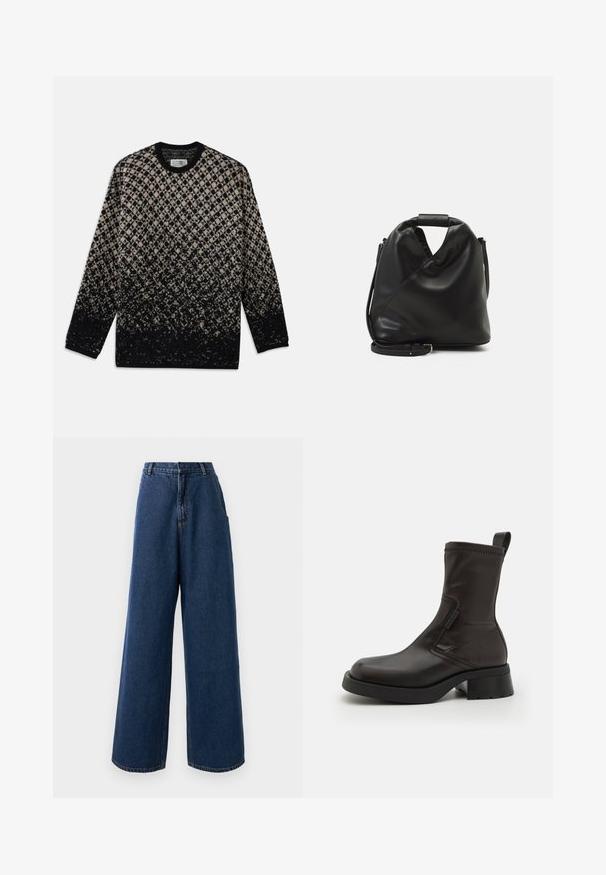 Sweater de malha com um padrão de diamantes em bege e preto, com um degradê gradual de cor. Decote redondo e mangas longas. Textura suave.; Jeans de perna larga de cintura alta em denim azul escuro, com fecho frontal por botão e zíper, passantes para cinto e bolsos laterais.; Bota de tornozelo em pele preta com textura lisa, bico redondo e um bloco resistente. Apresenta um fecho lateral e uma alça para fácil colocação.; Saco preto de couro suave com um design torcido único. Apresenta uma alça curta e uma alça de ombro destacável. Estilo minimalista.