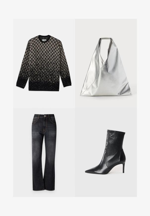 Pulover tricotat cu un model în diamant în nuanțe de bej și negru, cu o degradare graduală a culorilor. Guler rotund și mâneci lungi. Textură moale.; Blugi negri din denim cu un design cu picioare drepte, având cusături portocalii, un stil cu cinci buzunare și o închidere clasică cu nasture la talie.; Bocanci negri până la gleznă, din piele netedă, cu vârf ascuțit, arbore ajustat și toc subțire înalt. Design minimalist, fără hardware vizibil.; MM6 Maison Margiela CLASSIC JAPANESE HANDBAG - Geantă de mână - silver-coloured