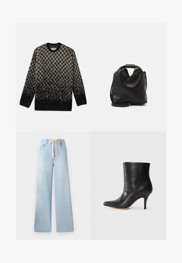 Pletený sveter s diamantovým vzorom v béžovej a čiernej farbe, s postupným farebným prechodom. Výstrih do crew a dlhé rukávy. Jemná textúra.; Svetlo modré široké džínsy vyrobené z denimu, s elastickým pásom so šnúrkou a klasickým dizajnom piatich vreciek s minimálnym vyblednutím.; Čierne kožené členkové topánky s špicatou špičkou, úzkym stiletto podpätkom a hladkou textúrou. Minimalistický dizajn bez viditeľných kovových prvkov alebo akcentov.; Čierna, mäkká kožená taška s jedinečným zavinutým dizajnom. Disponuje krátkym uškom a odnímateľným ramenným popruhom. Minimalistický štýl.