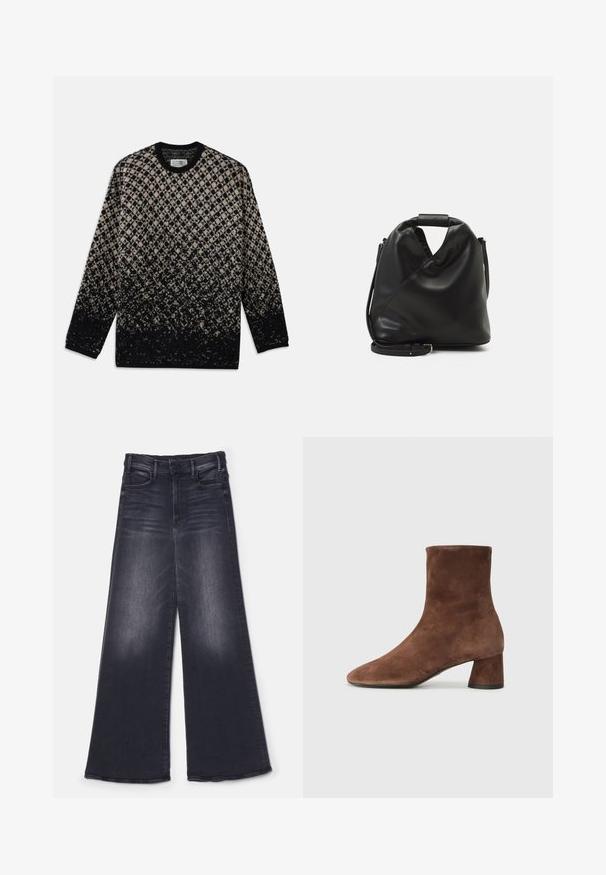 Pletený svetr s diamantovým vzorem v béžové a černé barvě, se stupňovitou změnou barev. Kulatý výstřih a dlouhé rukávy. Měkká struktura.; Mother THE HUSTLER ROLLER SNEAK - Wide leg - not today satan; Hnědé semišové kotníkové boty s hladkým povrchem, špičatou špicí a robustním blokovým podpatkem. Elegantní design s minimalistickou siluetou.; Černá, měkká kožená taška s unikátním zkrouceným designem. Obsahuje krátkou rukojeť a odnímatelný ramenní popruh. Minimalistický styl.