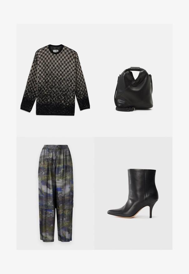 Kudottu neule, jossa on timanttikuosi beigeä ja mustaa, ja väri laimennettuna. Pyöreä pääntie ja pitkät hihat. Pehmeä pinta.; Henrik Vibskov SHANTS PANTS - Housut - grey; Musta nahkasaapas nilkkamittaisena, teräväkärkinen, kapea stiletto-korko ja sileä pinta. Minimalistinen muotoilu ilman näkyviä metalliosia tai kuvioita.; Mustan, pehmeän nahkabagin ainutlaatuinen kierretty muotoilu. Varustettu lyhyellä kahvalla ja irrotettavalla olkahihnalla. Minimalistinen tyyli.