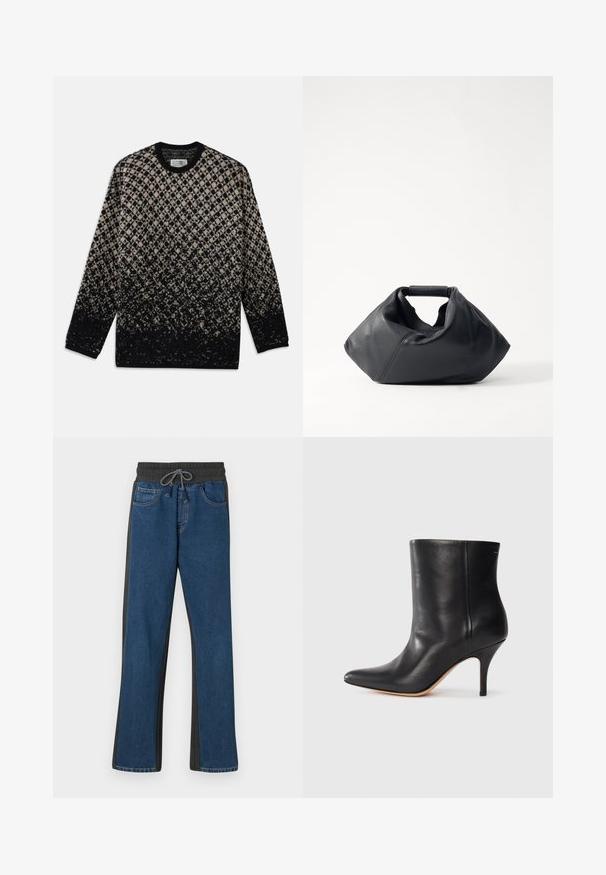 Knit sweater featuring a diamond pattern in beige and black, with a gradual color fade. Crew neckline and long sleeves. Soft texture.; Denim jogger pants featuring a blue front, gray side panels, elastic waistband with drawstring, and classic five-pocket design.; Black leather ankle boot with pointed toe, slim stiletto heel, and smooth texture. Minimalist design with no visible hardware or accents.; Black leather bag with a textured exterior, unique crumpled shape, and a short handle. Features a single main compartment.