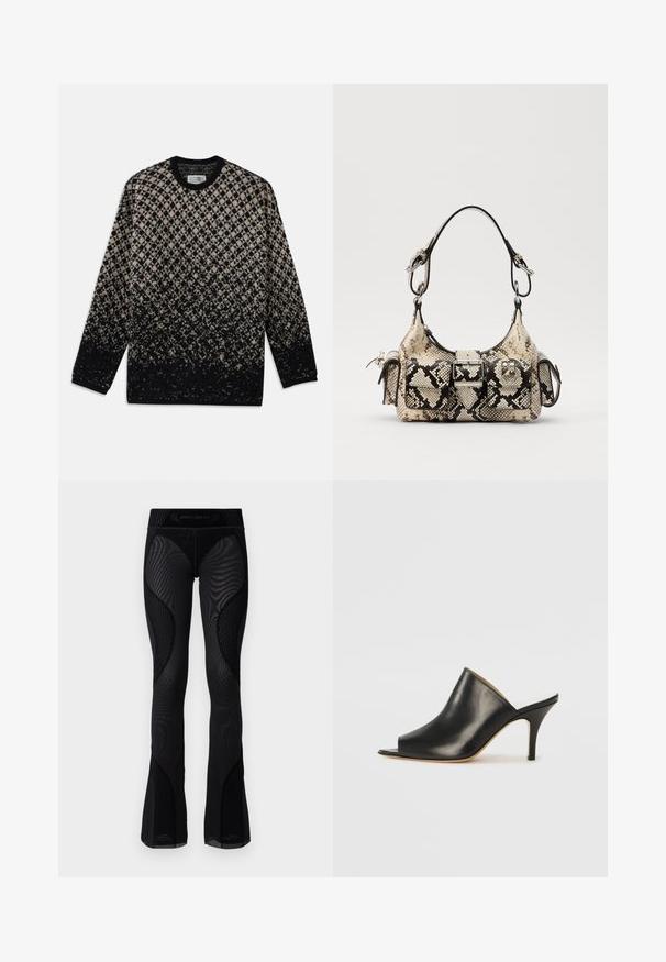 Knit sweater featuring a diamond pattern in beige and black, with a gradual color fade. Crew neckline and long sleeves. Soft texture.; Black mesh flared leggings with textured detailing and patterned inserts. Features a high waistband with brand logo at the top.; Black leather open-toe mule with a sleek, curved design, high stiletto heel, and smooth texture. The interior features a contrasting light color.; Python-print handbag in beige and black, featuring a structured shape, buckle detail, and dual shoulder straps. Textured surface.