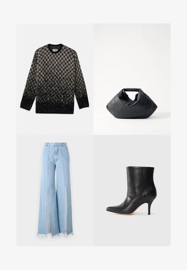 Megztinis su deimanto raštu smėlinės ir juodos spalvos, su laipsnišku spalvų perėjimu. Apvalia iškirpte ir ilgomis rankovėmis. Minkšta tekstūra.; Šviesiai mėlynos plataus kirpimo džinsai su aukštu liemeniu, turintys šonines angas ir nebaigtus kraštus. Pagaminti iš džinsinio audinio su kontrastingais siūlų akcentais.; Juodos odinės kulkšninių botų su smailiu nosiu, siauru stiletto kulnu ir lygia tekstūra. Minimalistinis dizainas, be matomų aparatūros ar akcentų.; Juodas odinis krepšys su tekstūruotu paviršiumi, unikalios susiraukšlėjusios formos ir trumpu rankena. Yra vienas pagrindinis skyrius.