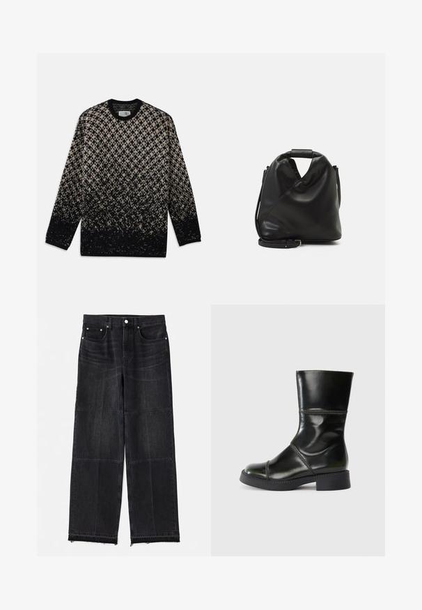 Adītā džemperis ar dimanta rakstu bēšā un melnā krāsā, ar pakāpenisku krāsu pāreju. Apaļā izgriezuma un garām piedurknēm. Mīksta tekstūra.; Melni denima bikses ar plašu kājām, kurām ir paneļu dizains, piecas kabatas un neapstrādāti mali, ar nedaudz nolietotu tekstūru.; Melna ādas potīšu zābakus ar noapaļotu purngalu, gludu virsmu, kontrastējošu stiklojumu un kvadrātveida papēdi, izmantojot nedaudz sašaurinātu siluetu.; Melnas, mīkstas ādas soma ar unikālu savērptu dizainu. Iespējo īsu rokturi un noņemamu plecu siksnu. Minimalistisks stils.