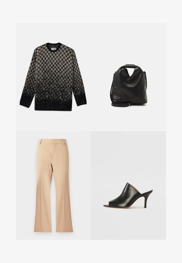 Adītā džemperis ar dimanta rakstu bēšā un melnā krāsā, ar pakāpenisku krāsu pāreju. Apaļā izgriezuma un garām piedurknēm. Mīksta tekstūra.; Beigu platās kājas bikses ar gludu tekstūru, ar vidēju vidukļa paaugstinājumu un tīrām priekšējām krokām. Vienkāršs dizains, bez redzamām rotājumām.; Melna ādas atvērta pirksta mule ar elegantu, izliekta dizaina, augstu stiletto papēdi un gludu tekstūru. Iekšpusei ir kontrastējoša gaiša krāsa.; Melnas, mīkstas ādas soma ar unikālu savērptu dizainu. Iespējo īsu rokturi un noņemamu plecu siksnu. Minimalistisks stils.