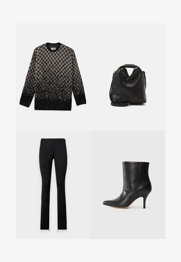 Megztinis su deimanto raštu smėlinės ir juodos spalvos, su laipsnišku spalvų perėjimu. Apvalia iškirpte ir ilgomis rankovėmis. Minkšta tekstūra.; Juodos, prigludusios legginsai su sklandžiu paviršiumi, turintys aukštą liemenį ir užtrauktukus prie kulkšnies patogesniam užsidėjimui. Paprastas, minimalistinis dizainas.; Juodos odinės kulkšninių botų su smailiu nosiu, siauru stiletto kulnu ir lygia tekstūra. Minimalistinis dizainas, be matomų aparatūros ar akcentų.; Juodas, minkštas odinis krepšys su unikaliu išsuktiniu dizainu. Yra trumpas rankenas ir nuimamas peties diržas. Minimalistinis stilius.