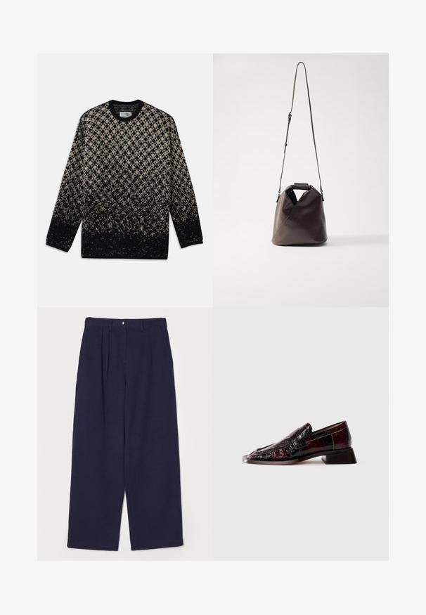 Kötött pulóver bézs és fekete gyémántmintával, fokozatos színátmenettel. Kerek nyakkivágás és hosszú ujjú. Puha tapintású.; Sötétkék, széles szárú nadrág texturált anyagból, elől fodros kialakítással, fémgombos záródással és oldalsó zsebekkel.; Sötét bordó lakkbőr loafer, texturált felülettel, alacsony tömbsarkú, klasszikus pénztárca részlettel, oldalnézetből.; MM6 Maison Margiela JAPANESE CROSSBODY BAG - Kézitáska - bracken