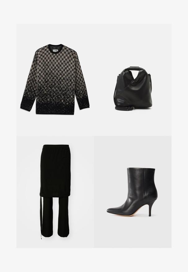 Pull en tricot avec un motif en losanges beige et noir, avec un dégradé de couleurs. Encolure ras du cou et manches longues. Texture douce.; Ensemble noir en deux pièces, comprenant une jupe longue avec un lien sur le côté et un pantalon ample. Fabriqué dans un tissu lisse avec un design fluide.; Bottine en cuir noir à bout pointu, avec un talon aiguille fin et une texture lisse. Design minimaliste sans matériel ou accents visibles.; Sac en cuir noir et doux avec un design torsadé unique. Doté d'une courte poignée et d'une bandoulière amovible. Style minimaliste.